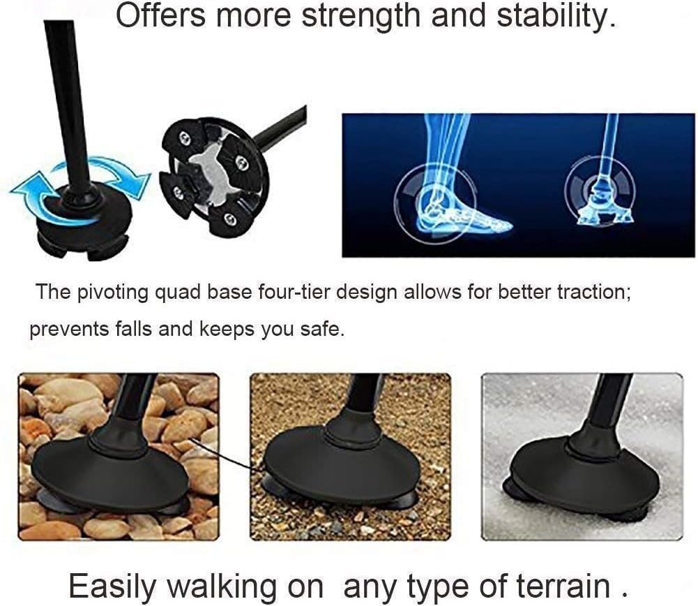 Canne de Marche Pliable avec Lampe LED Base Pivotante Quadruple Hauteur Réglable - عصا المشي القابلة للطي المزودة بإضاءة وقاعدة رباعية ثنائية التوازن - الصورة 3
