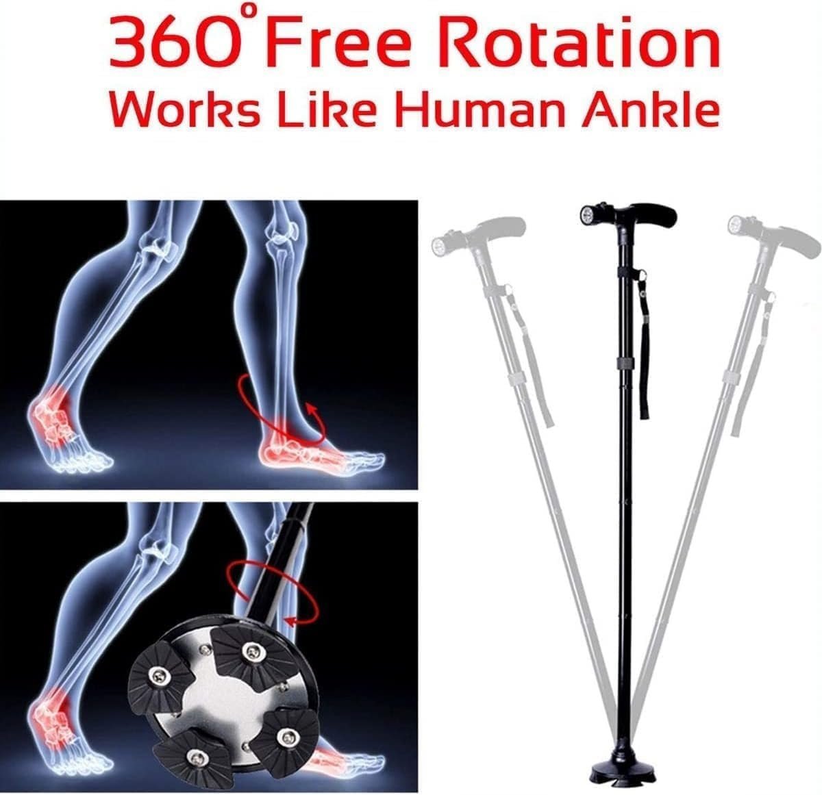 Canne de Marche Pliable avec Lampe LED Base Pivotante Quadruple Hauteur Réglable - عصا المشي القابلة للطي المزودة بإضاءة وقاعدة رباعية ثنائية التوازن - الصورة 4