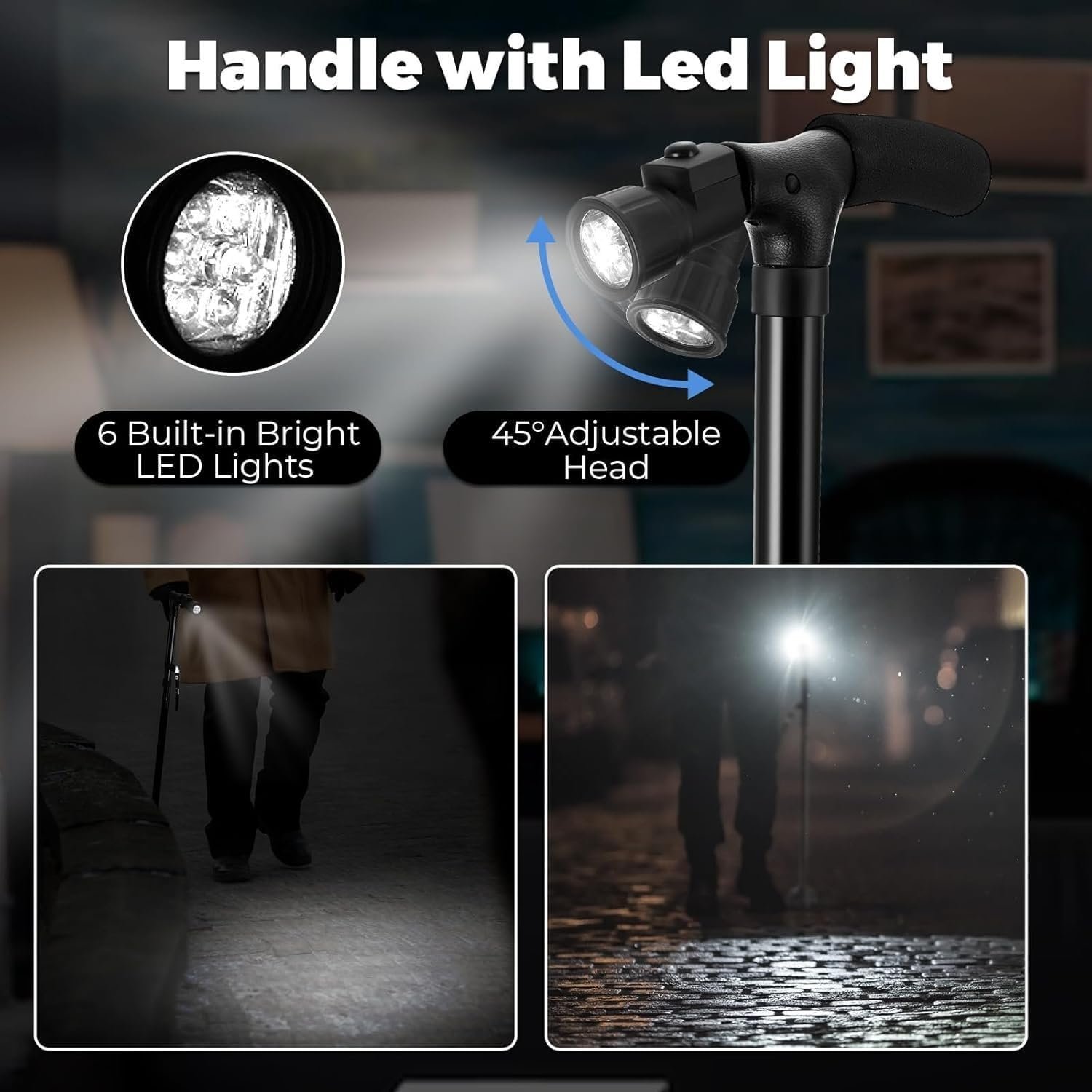 Canne de Marche Pliable avec Lampe LED Base Pivotante Quadruple Hauteur Réglable - عصا المشي القابلة للطي المزودة بإضاءة وقاعدة رباعية ثنائية التوازن - الصورة 6