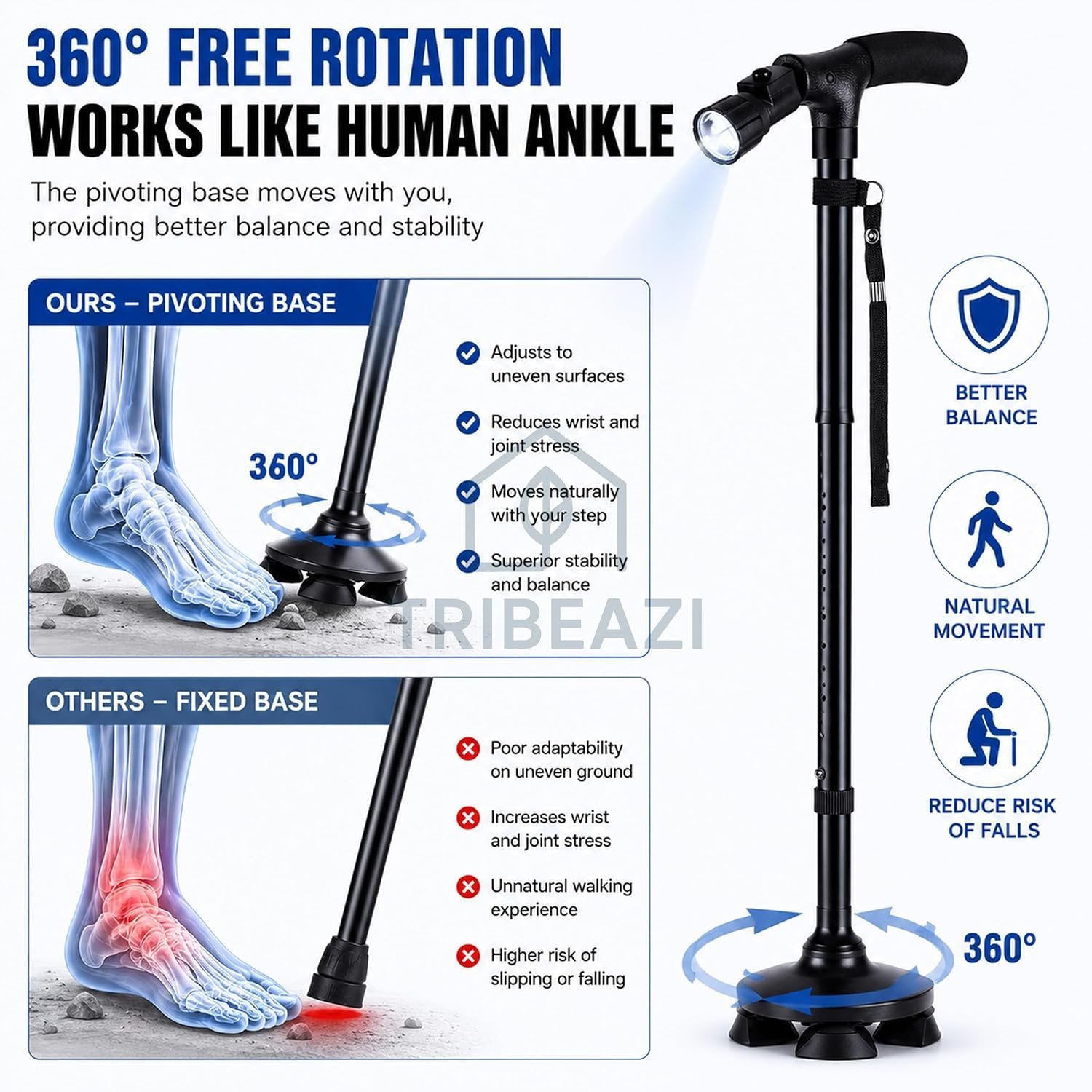 Canne de Marche Pliable avec Lampe LED Base Pivotante Quadruple Hauteur Réglable - عصا المشي القابلة للطي المزودة بإضاءة وقاعدة رباعية ثنائية التوازن - الصورة 8
