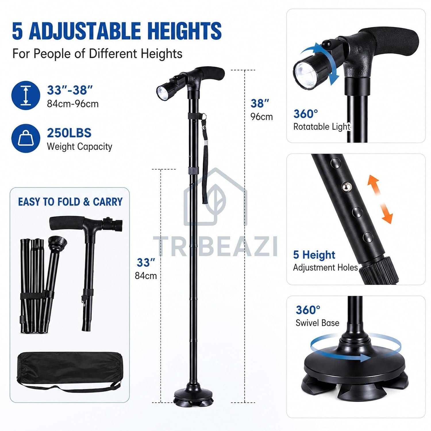 Canne de Marche Pliable avec Lampe LED Base Pivotante Quadruple Hauteur Réglable - عصا المشي القابلة للطي المزودة بإضاءة وقاعدة رباعية ثنائية التوازن - الصورة 9
