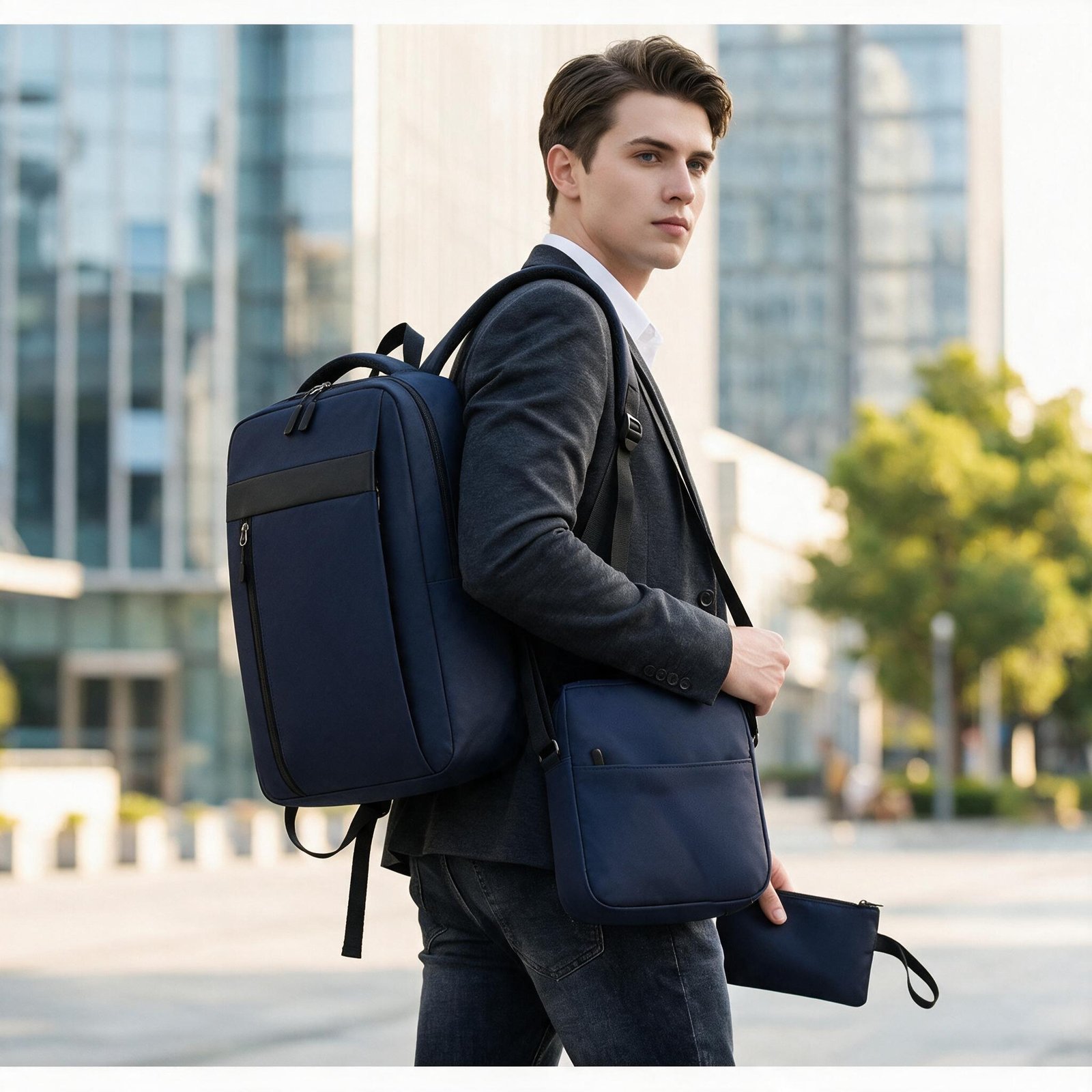 Ensemble 3 PCS sac a dos Élégant et Imperméable pour Homme Avec Port USB Bleu Mat-02 - طقم حقائب رجالية أنيقة 3 في 1 مع منفذ شحن - الصورة 3