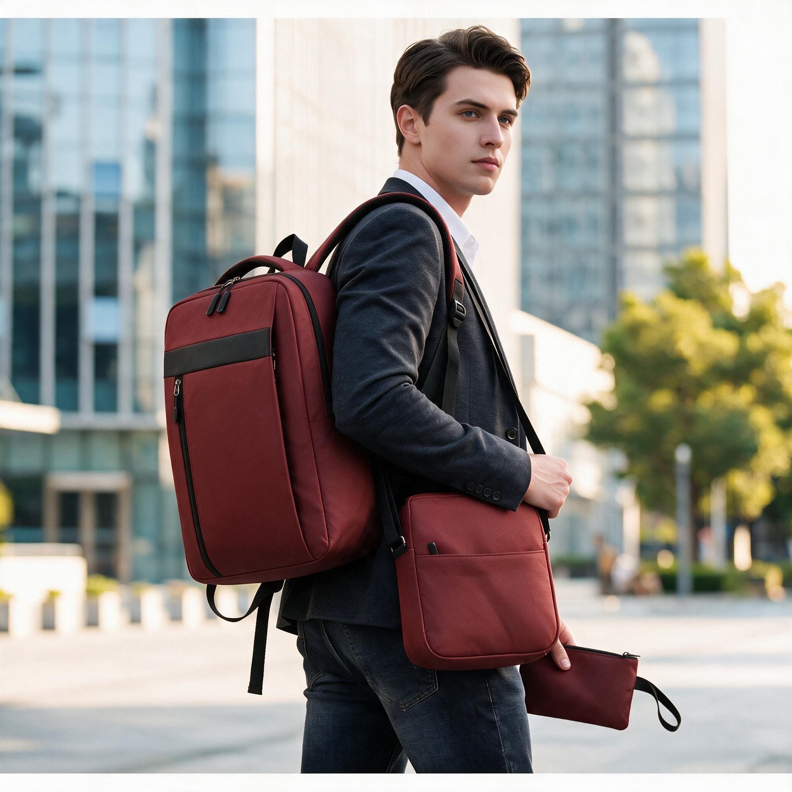 ⁦Ensemble 3 PCS sac a dos Élégant et Imperméable pour Homme Avec Port USB Grenat Mat-02 - طقم حقائب رجالية أنيقة 3 في 1 مع منفذ شحن⁩ - الصورة ⁦3⁩