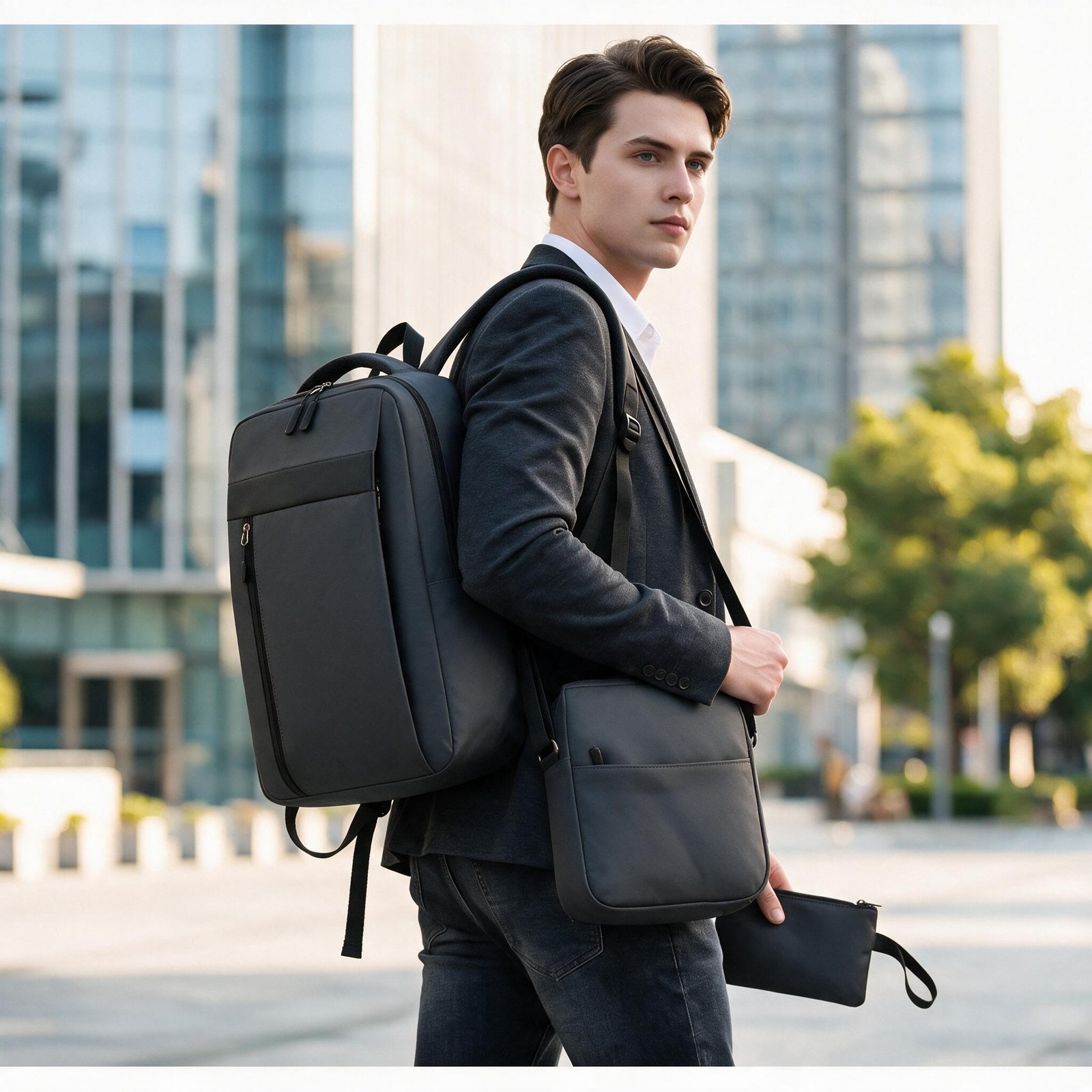 ⁦Ensemble 3 PCS sac a dos Élégant et Imperméable pour Homme Avec Port USB Gris Mat-02 - طقم حقائب رجالية أنيقة 3 في 1 مع منفذ شحن⁩ - الصورة ⁦3⁩
