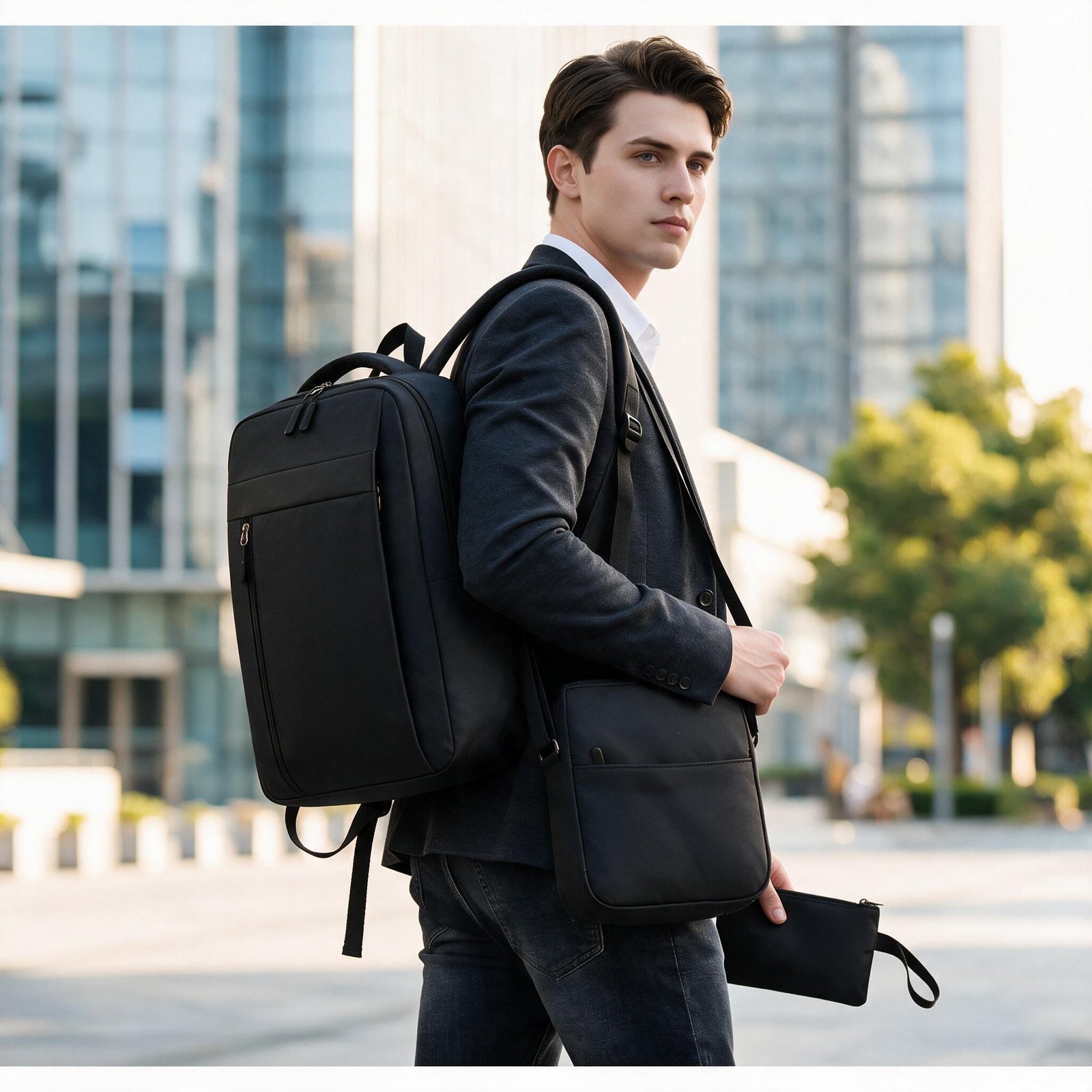Ensemble 3 PCS sac a dos Élégant et Imperméable pour Homme Avec Port USB Noir Mat-02 - طقم حقائب رجالية أنيقة 3 في 1 مع منفذ شحن - الصورة 12