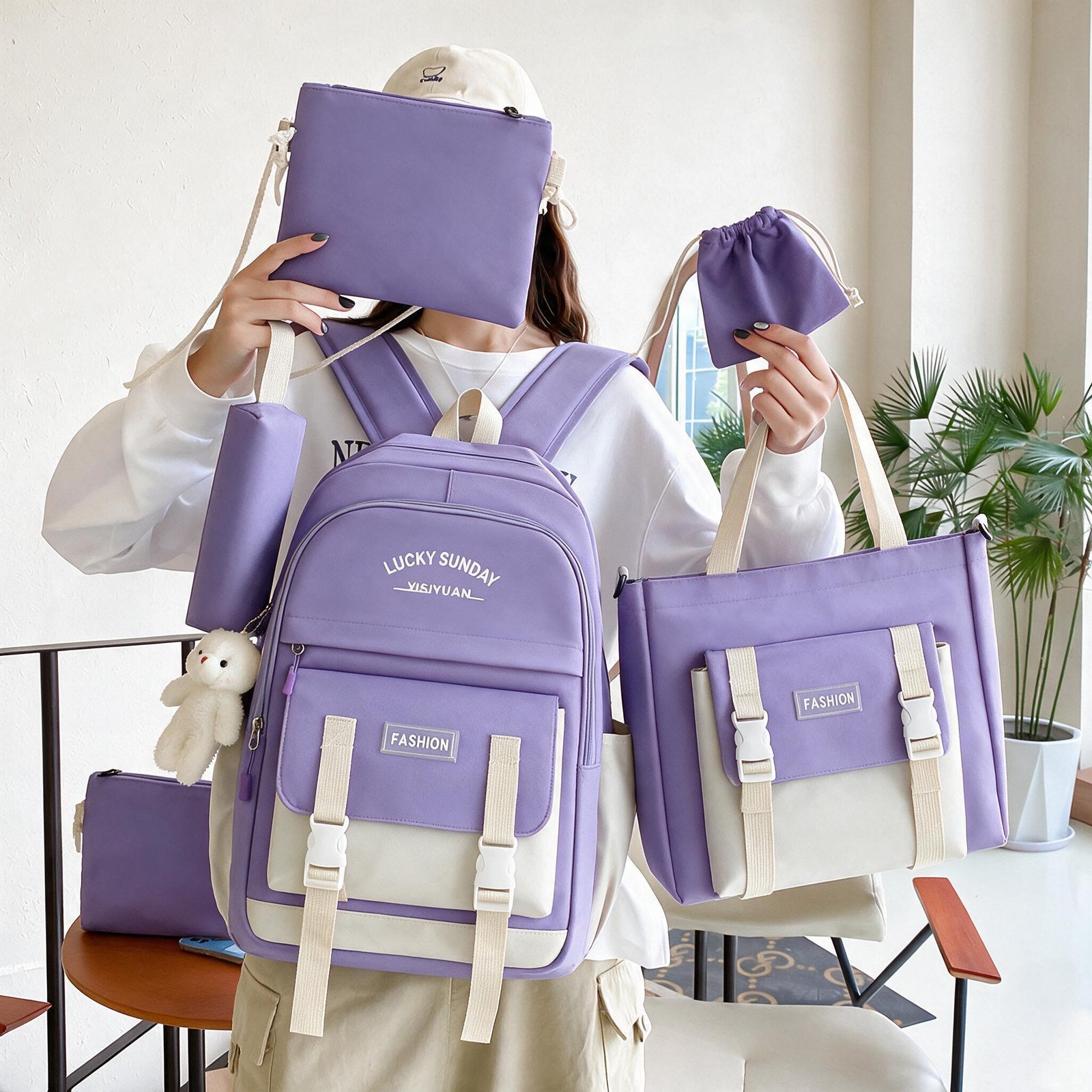 ⁦Ensemble de sacs à dos Kawai pour adolescents 5Pcs YISIYUAN V2 Mauve – محفظة 5 قطع كاواي للبنات⁩ - الصورة ⁦2⁩