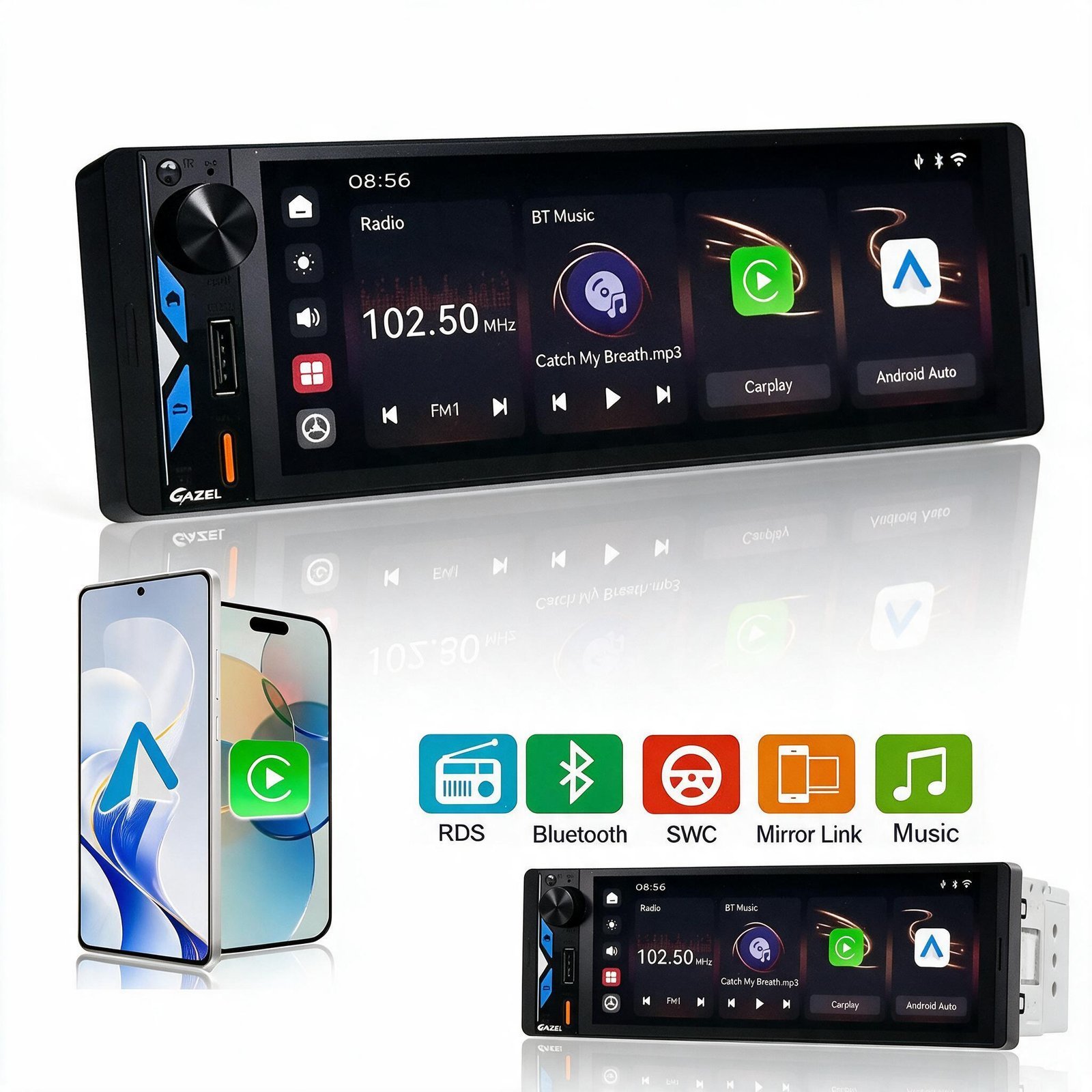 Gazel Autoradio 1Din Écran Tactile 5" IPS - Apple CarPlay et Android Auto Sans Fil Charge Rapide Type-C - راديو سيارة ذكي بشاشة لمس 5 بوصة تدعم و لاسلكيًا"