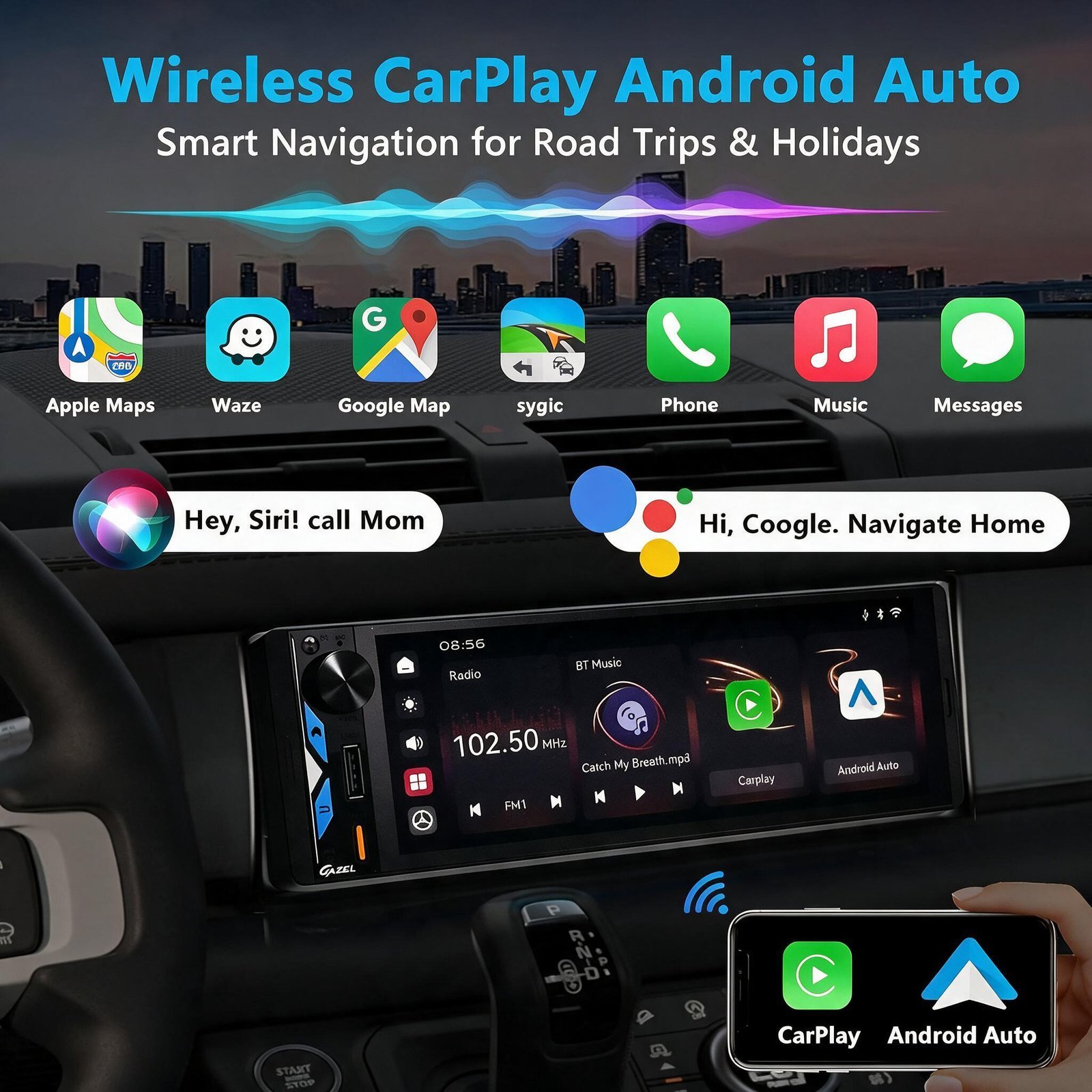 Gazel Autoradio 1Din Écran Tactile 5" IPS - Apple CarPlay et Android Auto Sans Fil Charge Rapide Type-C - راديو سيارة ذكي بشاشة لمس 5 بوصة تدعم و لاسلكيًا" - الصورة 4