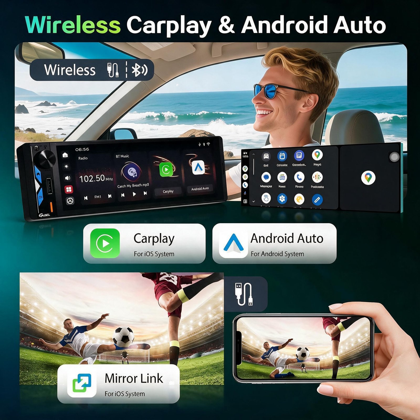 Gazel Autoradio 1Din Écran Tactile 5" IPS - Apple CarPlay et Android Auto Sans Fil Charge Rapide Type-C - راديو سيارة ذكي بشاشة لمس 5 بوصة تدعم و لاسلكيًا" - الصورة 5