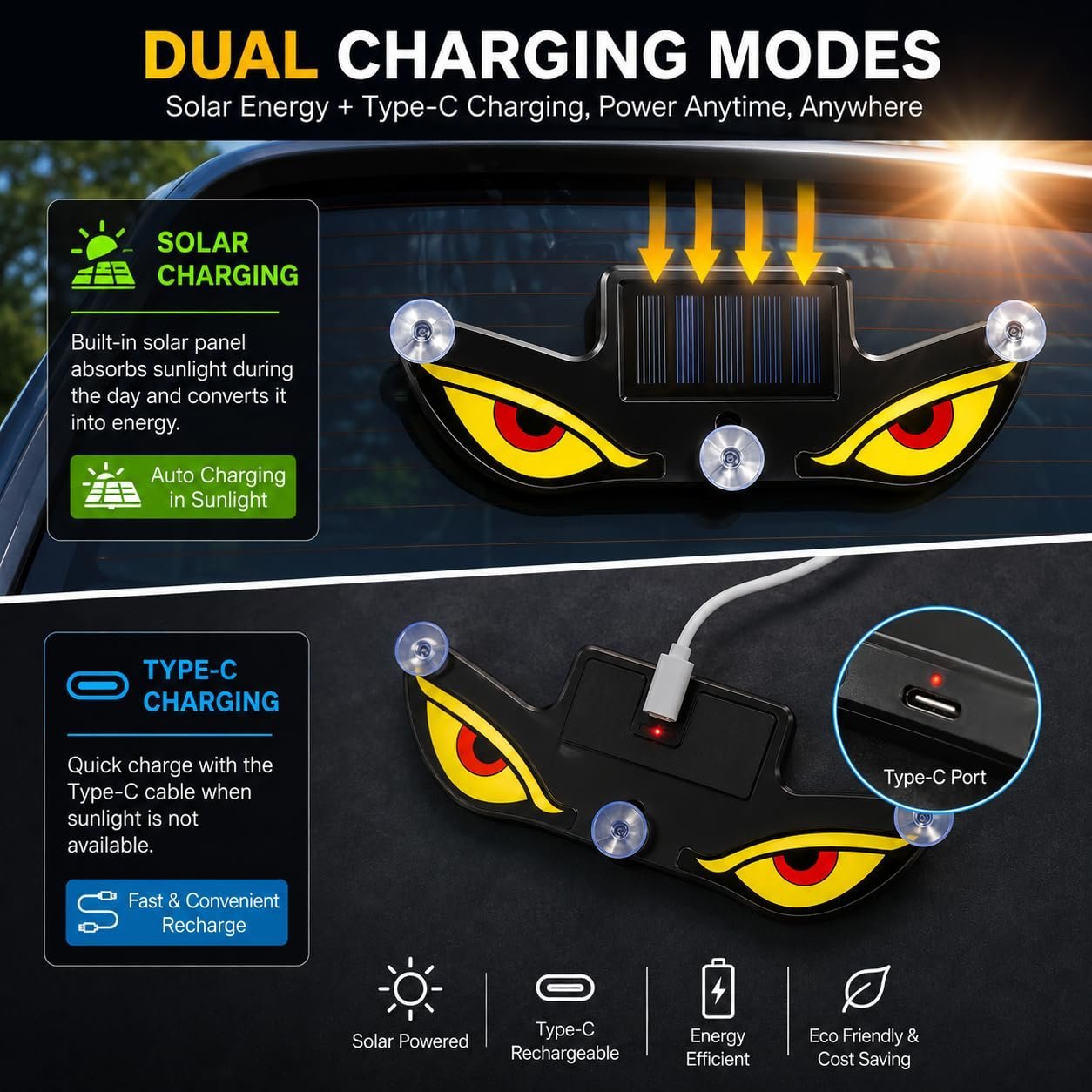 Lampe Signale de Fenêtre Voiture Motif Devil Eye Énergie Solaire et Type-C - مصباح نافذة السيارة ليلي يعمل بالطاقة الشمسية - الصورة 11