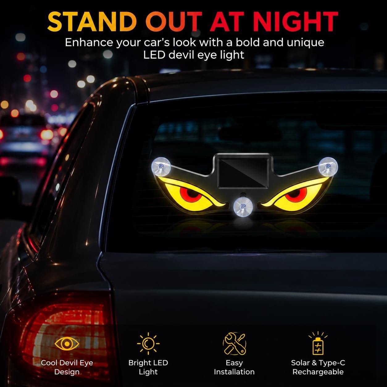 Lampe Signale de Fenêtre Voiture Motif Devil Eye Énergie Solaire et Type-C - مصباح نافذة السيارة ليلي يعمل بالطاقة الشمسية - الصورة 3