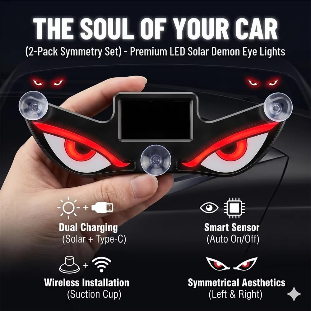 Lampe Signale de Fenêtre Voiture Motif Devil Eye Énergie Solaire et Type-C - مصباح نافذة السيارة ليلي يعمل بالطاقة الشمسية - الصورة 6