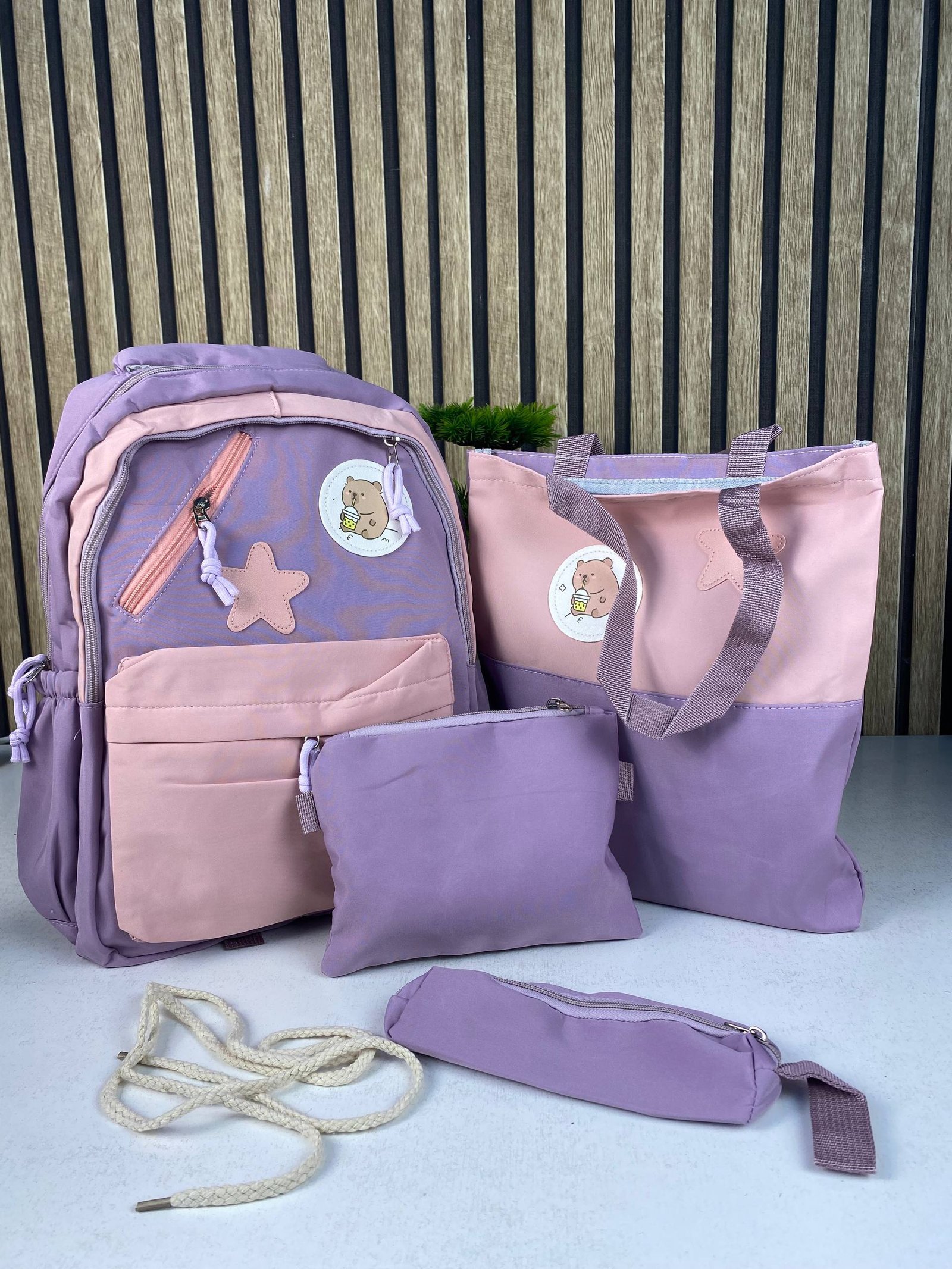 ⁦Sac à Dos Multifonctionnel Kawaii Grand Volume Imperméable et Résistant 4Pcs Mauve SACKDS02MV - حقيبة ظهر بعدة قطع بتصميم كاوايي⁩ - الصورة ⁦2⁩