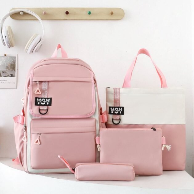 Sac à Dos Multifonctionnel Kawaii Grand Volume Imperméable et Résistant 4Pcs Rose SACKDS12RS - حقيبة ظهر بعدة قطع بتصميم كاوايي
