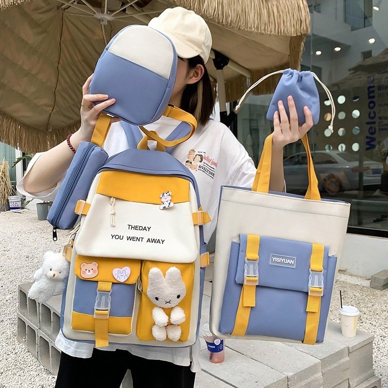 Sac à Dos Multifonctionnel Kawaii Grand Volume Imperméable et Résistant 5Pcs Bleu SACKDS25BL - حقيبة ظهر بعدة قطع بتصميم كاوايي - الصورة 2