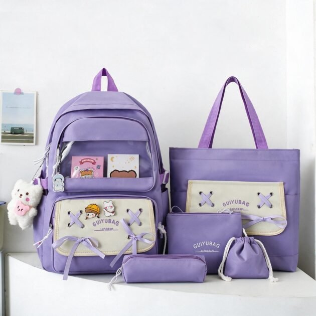 Sac à Dos Multifonctionnel Kawaii Grand Volume Imperméable et Résistant 5Pcs Mauve SACKDS11MV - حقيبة ظهر بعدة قطع بتصميم كاوايي