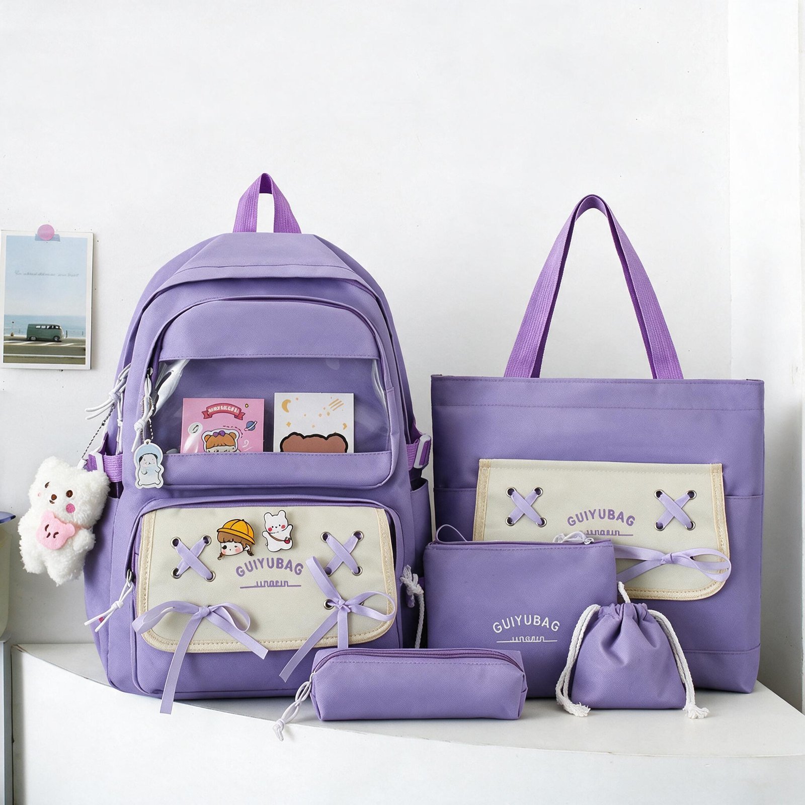Sac à Dos Multifonctionnel Kawaii Grand Volume Imperméable et Résistant 5Pcs Mauve SACKDS11MV - حقيبة ظهر بعدة قطع بتصميم كاوايي