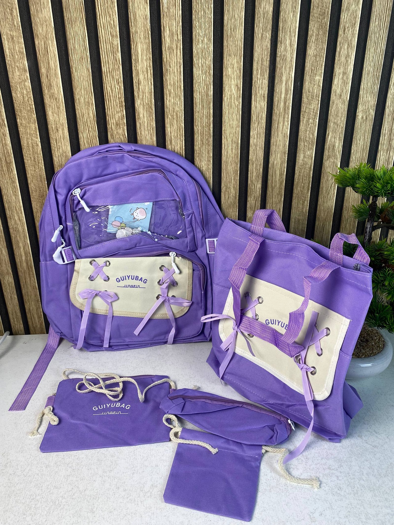 Sac à Dos Multifonctionnel Kawaii Grand Volume Imperméable et Résistant 5Pcs Mauve SACKDS11MV - حقيبة ظهر بعدة قطع بتصميم كاوايي - الصورة 2