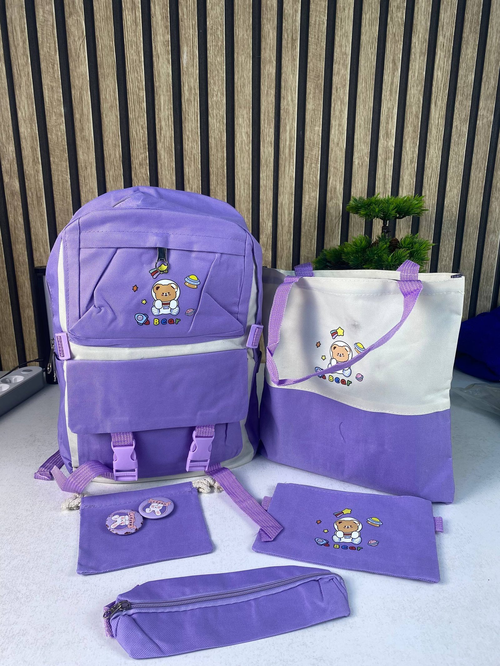 ⁦Sac à Dos Multifonctionnel Kawaii Grand Volume Imperméable et Résistant 5Pcs Mauve SACKDS15MV - حقيبة ظهر بعدة قطع بتصميم كاوايي⁩ - الصورة ⁦2⁩