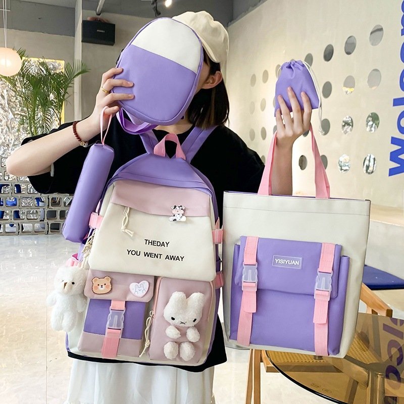 ⁦Sac à Dos Multifonctionnel Kawaii Grand Volume Imperméable et Résistant 5Pcs Mauve SACKDS25MV - حقيبة ظهر بعدة قطع بتصميم كاوايي⁩ - الصورة ⁦2⁩