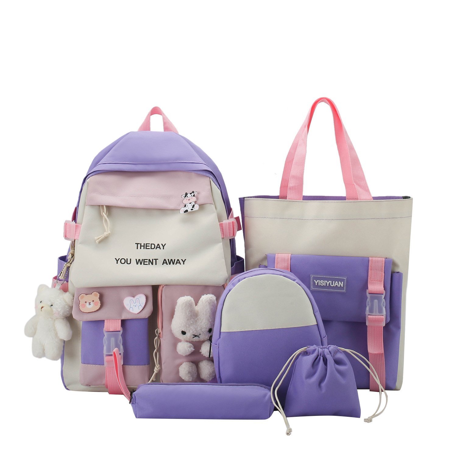 ⁦Sac à Dos Multifonctionnel Kawaii Grand Volume Imperméable et Résistant 5Pcs Mauve SACKDS25MV - حقيبة ظهر بعدة قطع بتصميم كاوايي⁩ - الصورة ⁦3⁩