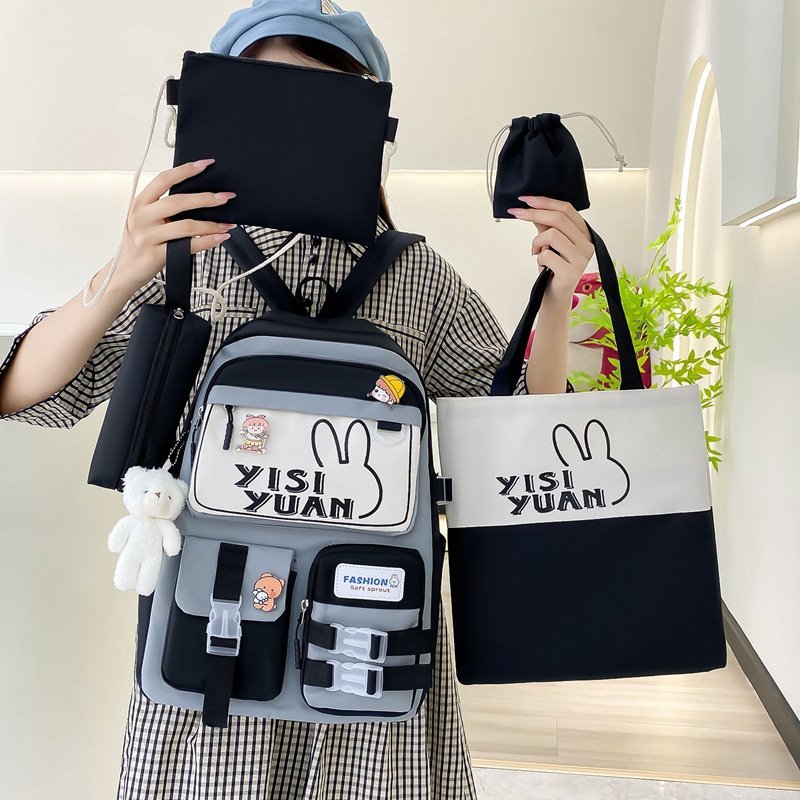 ⁦Sac à Dos Multifonctionnel Kawaii Grand Volume Imperméable et Résistant 5Pcs Noir et Gris SACKDS29NGR - حقيبة ظهر بعدة قطع بتصميم كاوايي⁩ - الصورة ⁦3⁩