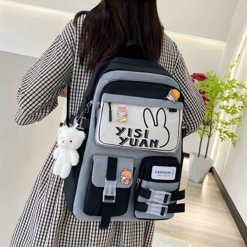 ⁦Sac à Dos Multifonctionnel Kawaii Grand Volume Imperméable et Résistant 5Pcs Noir et Gris SACKDS29NGR - حقيبة ظهر بعدة قطع بتصميم كاوايي⁩ - الصورة ⁦4⁩