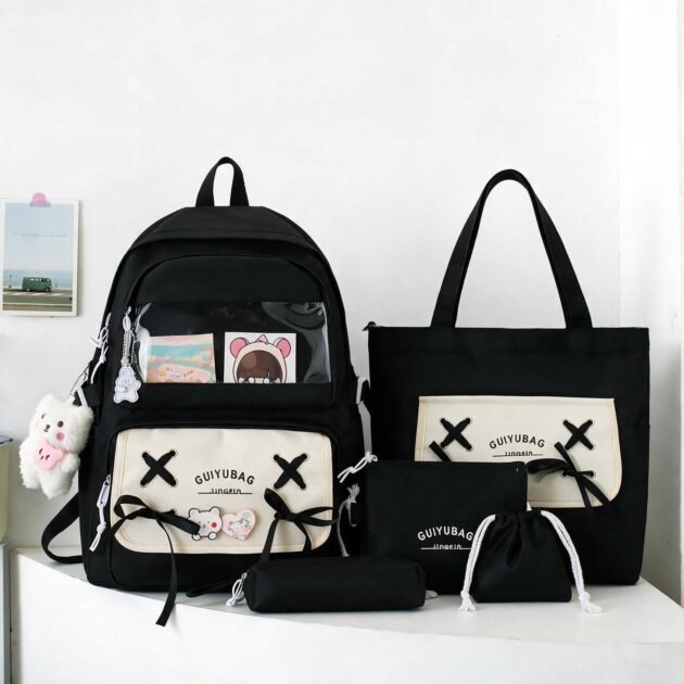 Sac à Dos Multifonctionnel Kawaii Grand Volume Imperméable et Résistant 5Pcs Noir SACKDS11N - حقيبة ظهر بعدة قطع بتصميم كاوايي