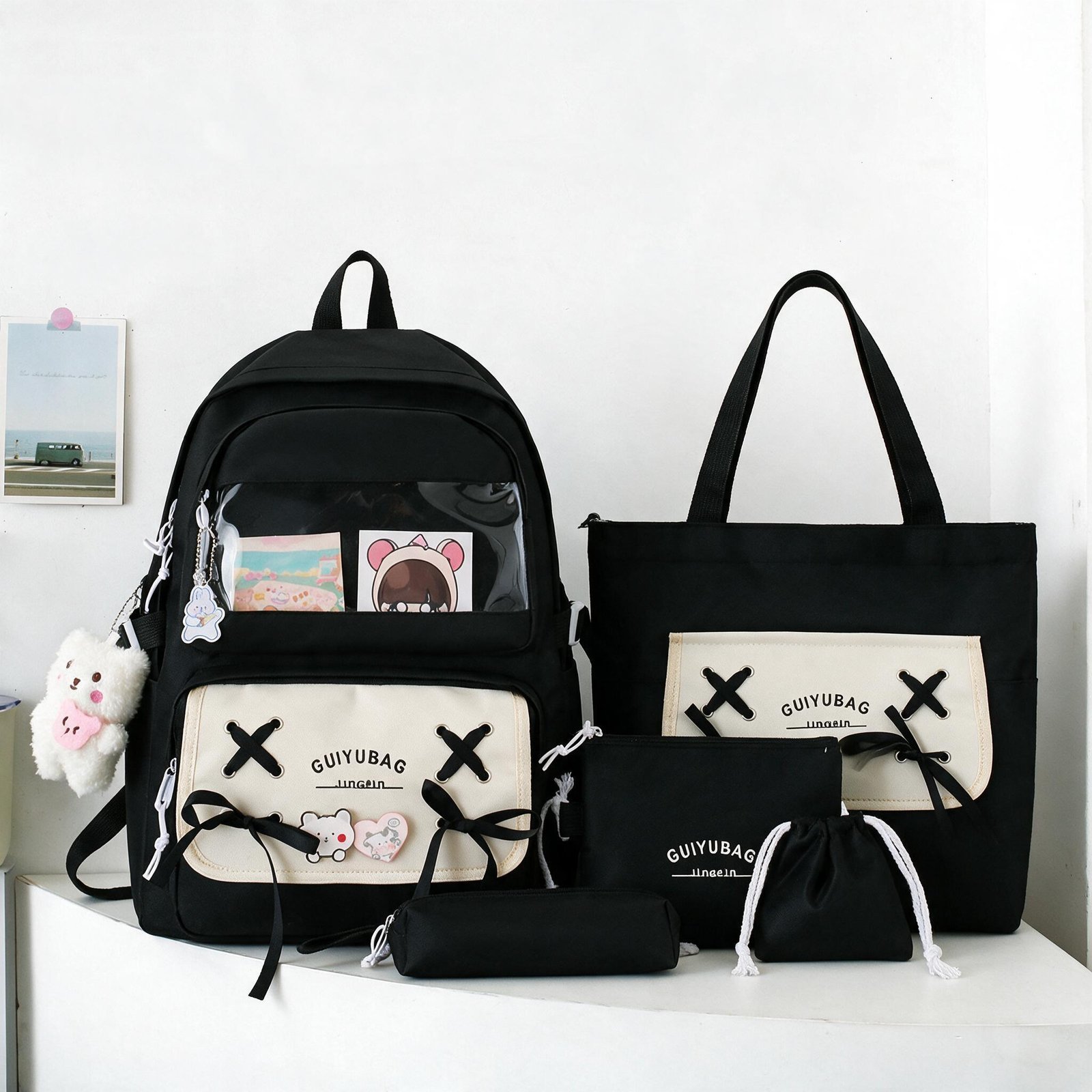 Sac à Dos Multifonctionnel Kawaii Grand Volume Imperméable et Résistant 5Pcs Noir SACKDS11N - حقيبة ظهر بعدة قطع بتصميم كاوايي