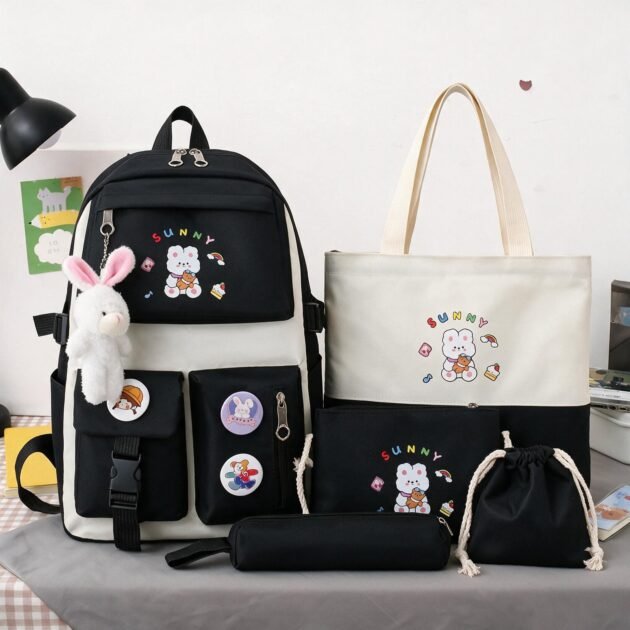 Sac à Dos Multifonctionnel Kawaii Grand Volume Imperméable et Résistant 5Pcs Noir SACKDS15N - حقيبة ظهر بعدة قطع بتصميم كاوايي