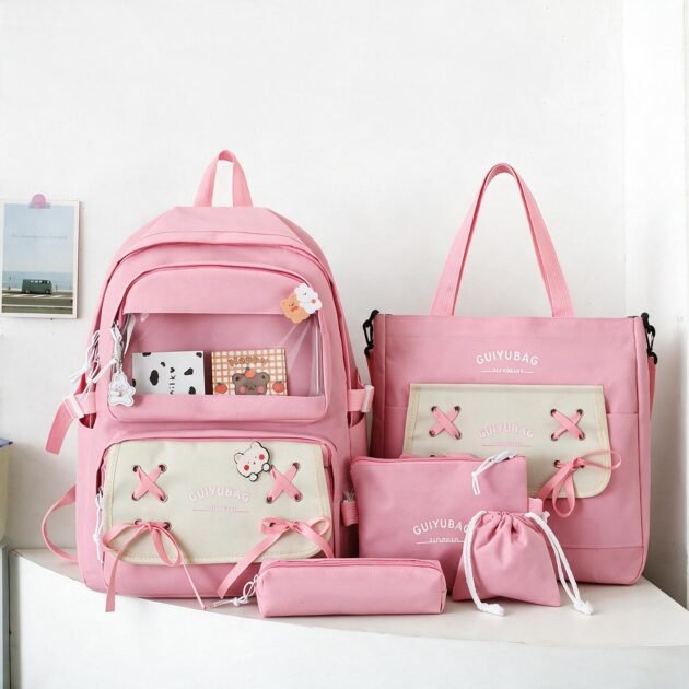 Sac à Dos Multifonctionnel Kawaii Grand Volume Imperméable et Résistant 5Pcs Rose SACKDS11RS - حقيبة ظهر بعدة قطع بتصميم كاوايي
