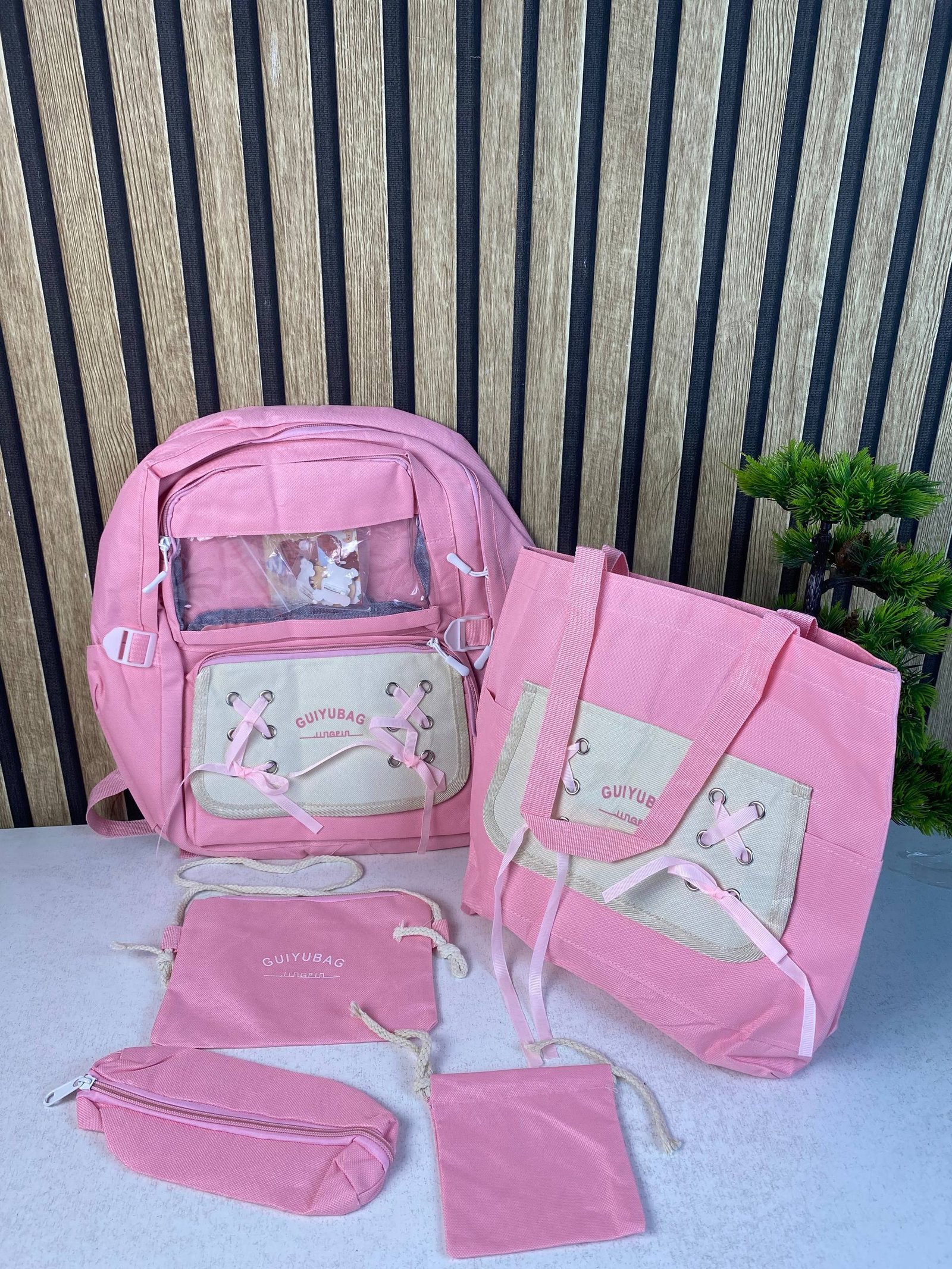 Sac à Dos Multifonctionnel Kawaii Grand Volume Imperméable et Résistant 5Pcs Rose SACKDS11RS - حقيبة ظهر بعدة قطع بتصميم كاوايي - الصورة 2