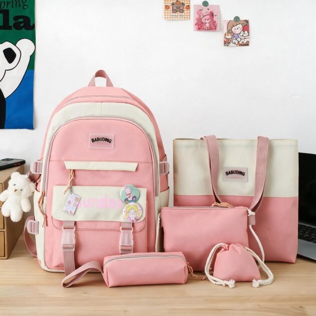 Sac à Dos Multifonctionnel Kawaii Grand Volume Imperméable et Résistant 5Pcs Rose SACKDS14RS - حقيبة ظهر بعدة قطع بتصميم كاوايي