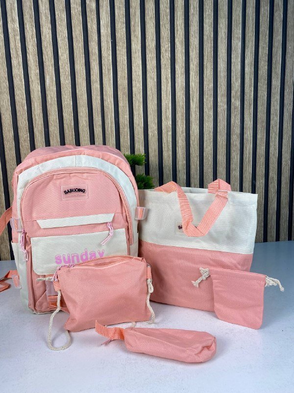 Sac à Dos Multifonctionnel Kawaii Grand Volume Imperméable et Résistant 5Pcs Rose SACKDS14RS - حقيبة ظهر بعدة قطع بتصميم كاوايي - الصورة 2