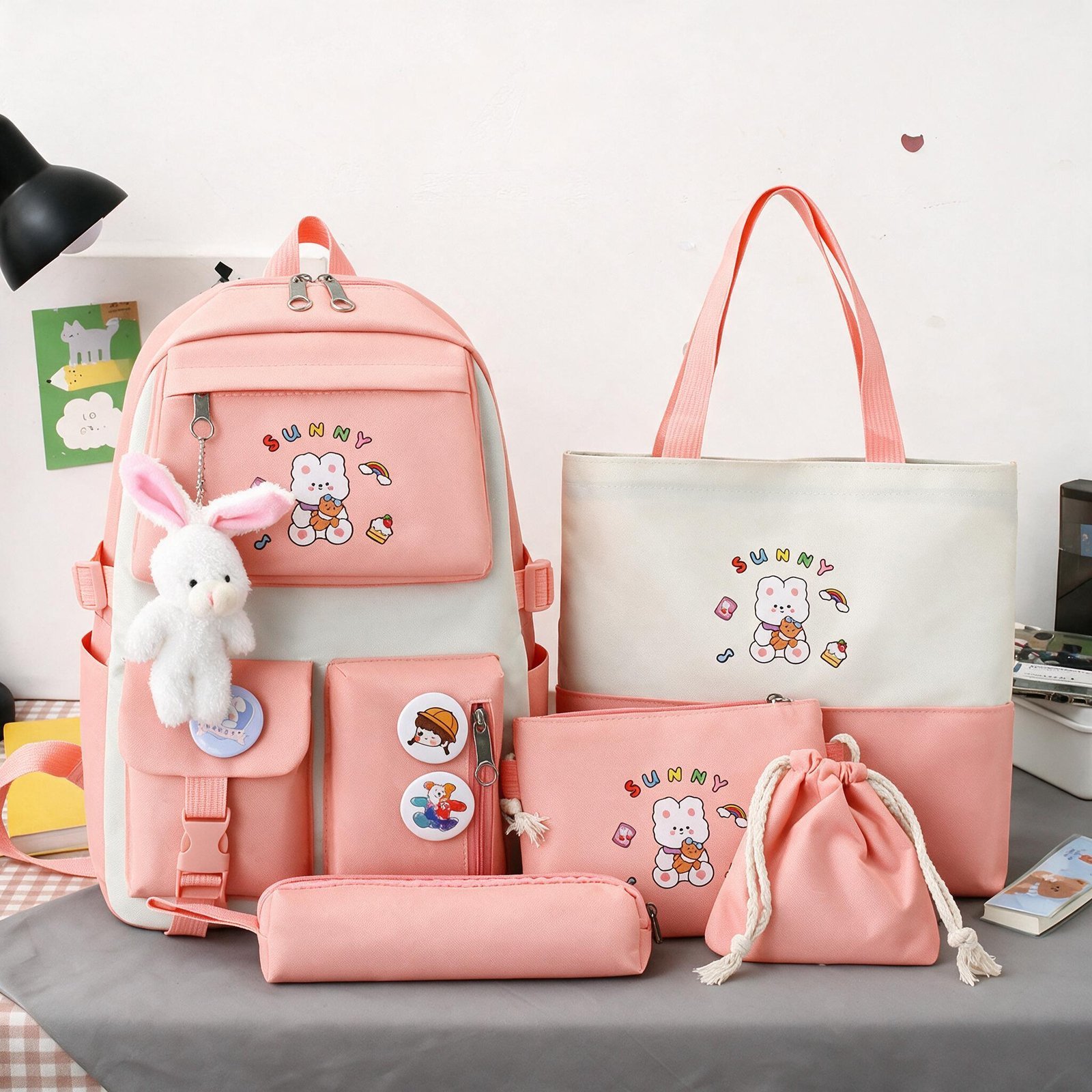 Sac à Dos Multifonctionnel Kawaii Grand Volume Imperméable et Résistant 5Pcs Rose SACKDS15RS - حقيبة ظهر بعدة قطع بتصميم كاوايي