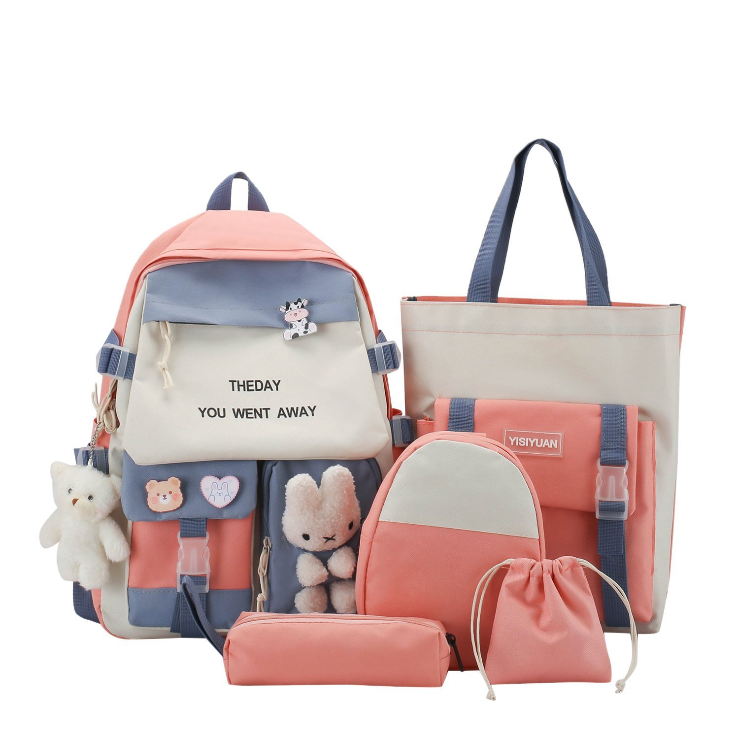 Sac à Dos Multifonctionnel Kawaii Grand Volume Imperméable et Résistant 5Pcs Rose SACKDS25RS - حقيبة ظهر بعدة قطع بتصميم كاوايي - الصورة 2