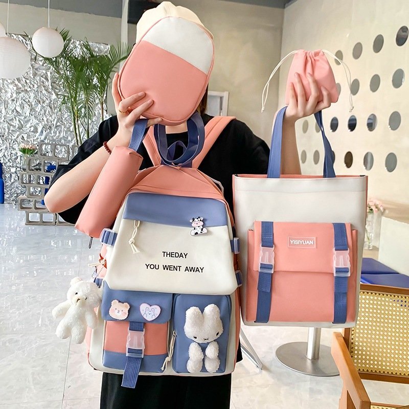 Sac à Dos Multifonctionnel Kawaii Grand Volume Imperméable et Résistant 5Pcs Rose SACKDS25RS - حقيبة ظهر بعدة قطع بتصميم كاوايي - الصورة 4