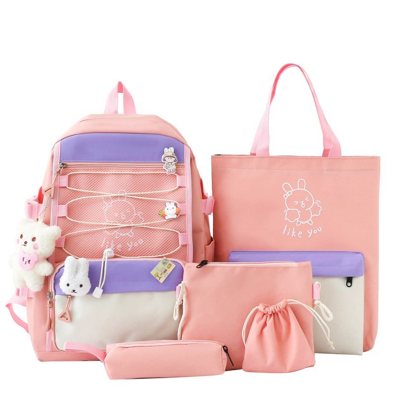 Sac à Dos Multifonctionnel Kawaii Grand Volume Imperméable et Résistant 5Pcs Rose SACKDS33RS - حقيبة ظهر بعدة قطع بتصميم كاوايي - الصورة 2