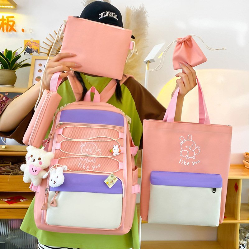 Sac à Dos Multifonctionnel Kawaii Grand Volume Imperméable et Résistant 5Pcs Rose SACKDS33RS - حقيبة ظهر بعدة قطع بتصميم كاوايي - الصورة 3