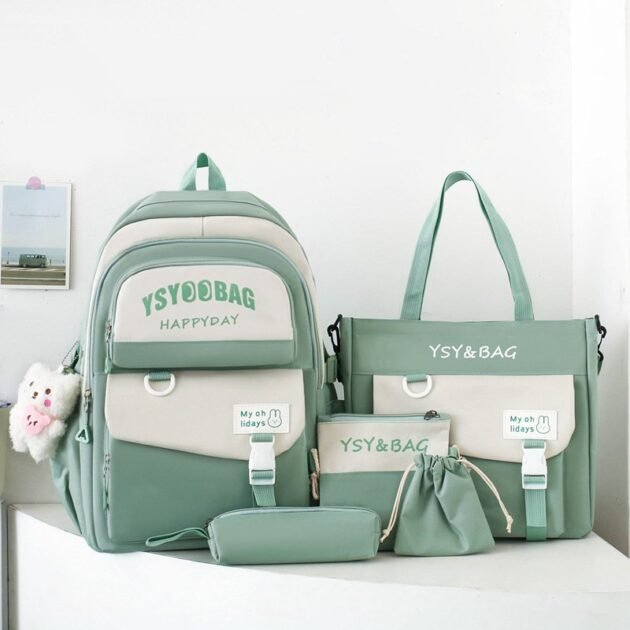 Sac à Dos Multifonctionnel Kawaii Grand Volume Imperméable et Résistant 5Pcs Vert SACKDS10VR - حقيبة ظهر بعدة قطع بتصميم كاوايي