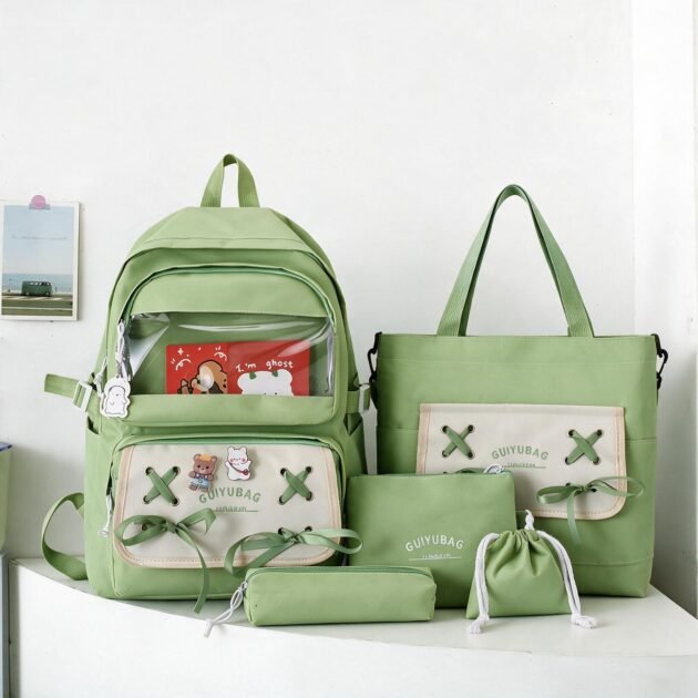 Sac à Dos Multifonctionnel Kawaii Grand Volume Imperméable et Résistant 5Pcs Vert SACKDS11VR - حقيبة ظهر بعدة قطع بتصميم كاوايي