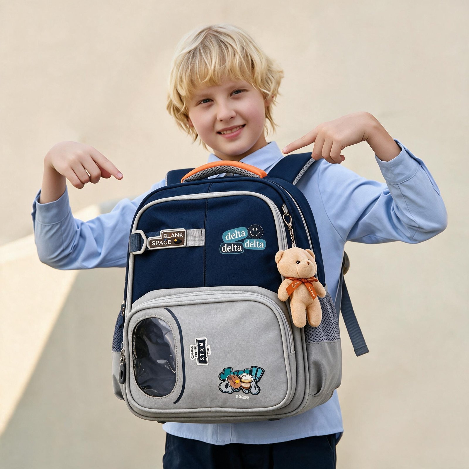 ⁦Sac à Dos Scolaire Delta Design Ergonomique avec Trousse et Pendentif Ours Inclus Bleu Nuit SACKDS35BLN - حقيبة ظهر مدرسية عصرية مع مقلمة مدمجة⁩ - الصورة ⁦2⁩