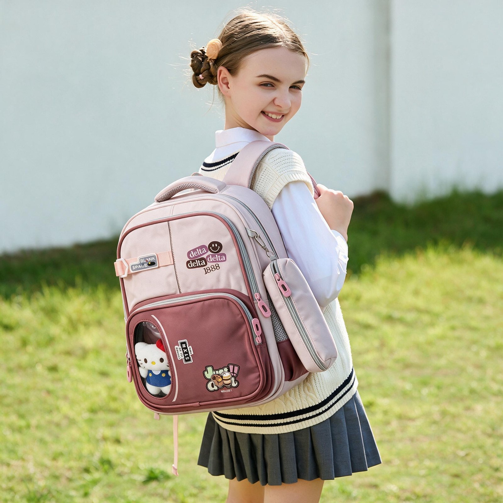 Sac à Dos Scolaire Delta Design Ergonomique avec Trousse et Pendentif Ours Inclus Mauve SACKDS35MV - حقيبة ظهر مدرسية عصرية مع مقلمة مدمجة - الصورة 2