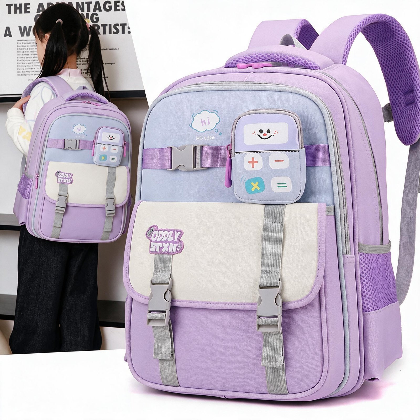 Sac à Dos Scolaire Enfant avec Trousse Motif Calculatrice Tissu Imperméable Mauve SACKDS34MV - حقيبة ظهر مدرسية للأطفال