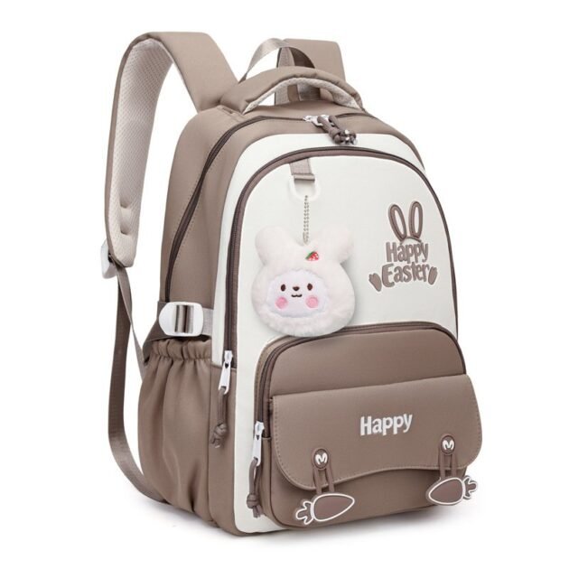 Sac à Dos Scolaire Motif Lapin Happy Easter Ergonomique Tissu Imperméable Marron SACKDS31MR - حقيبة ظهر مدرسية وعصرية بتصميم الأرنب اللطيف