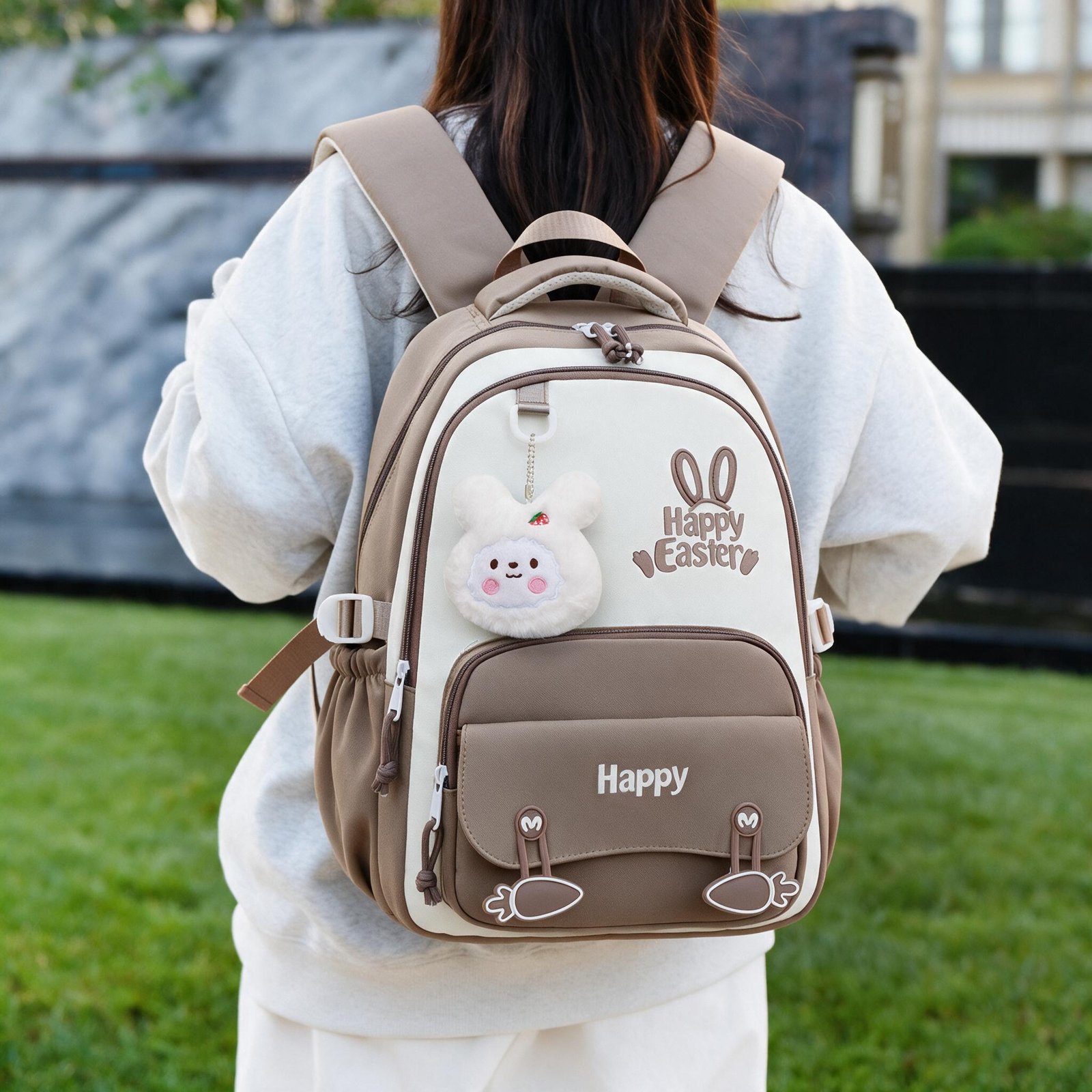 Sac à Dos Scolaire Motif Lapin Happy Easter Ergonomique Tissu Imperméable Marron SACKDS31MR - حقيبة ظهر مدرسية وعصرية بتصميم الأرنب اللطيف - الصورة 2