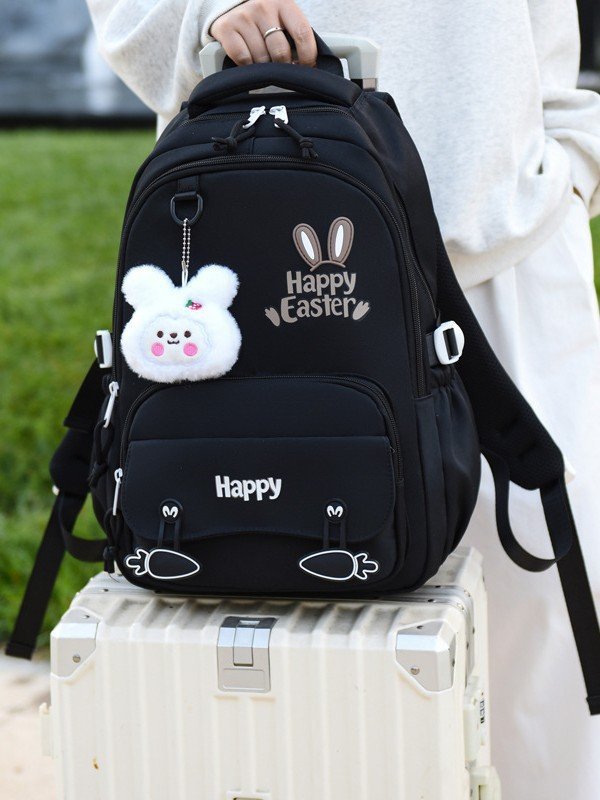 Sac à Dos Scolaire Motif Lapin Happy Easter Ergonomique Tissu Imperméable Noir SACKDS31N - حقيبة ظهر مدرسية وعصرية بتصميم الأرنب اللطيف - الصورة 3