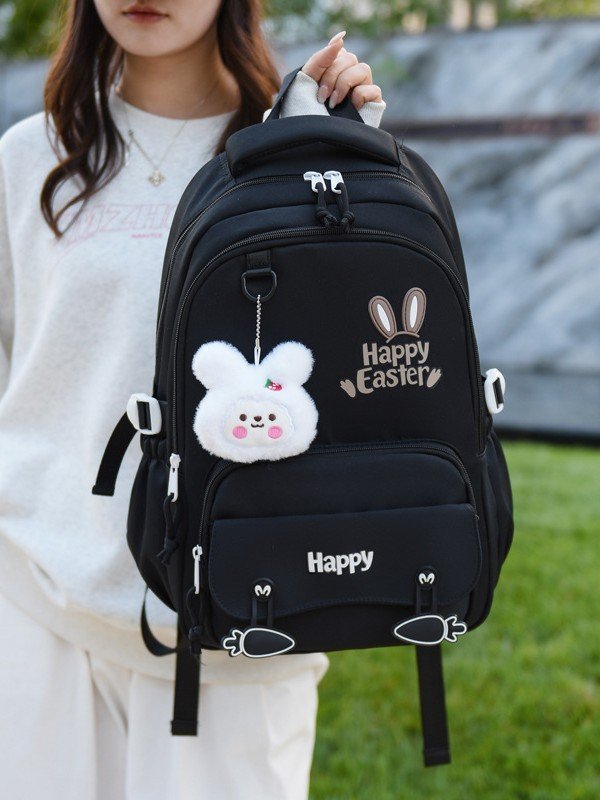 Sac à Dos Scolaire Motif Lapin Happy Easter Ergonomique Tissu Imperméable Noir SACKDS31N - حقيبة ظهر مدرسية وعصرية بتصميم الأرنب اللطيف - الصورة 5