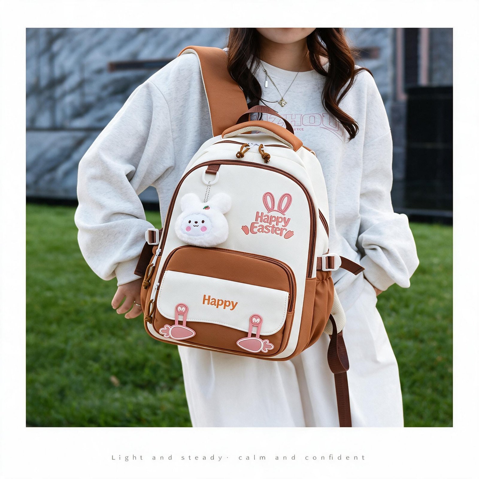 Sac à Dos Scolaire Motif Lapin Happy Easter Ergonomique Tissu Imperméable Orange SACKDS31ORG - حقيبة ظهر مدرسية وعصرية بتصميم الأرنب اللطيف - الصورة 2