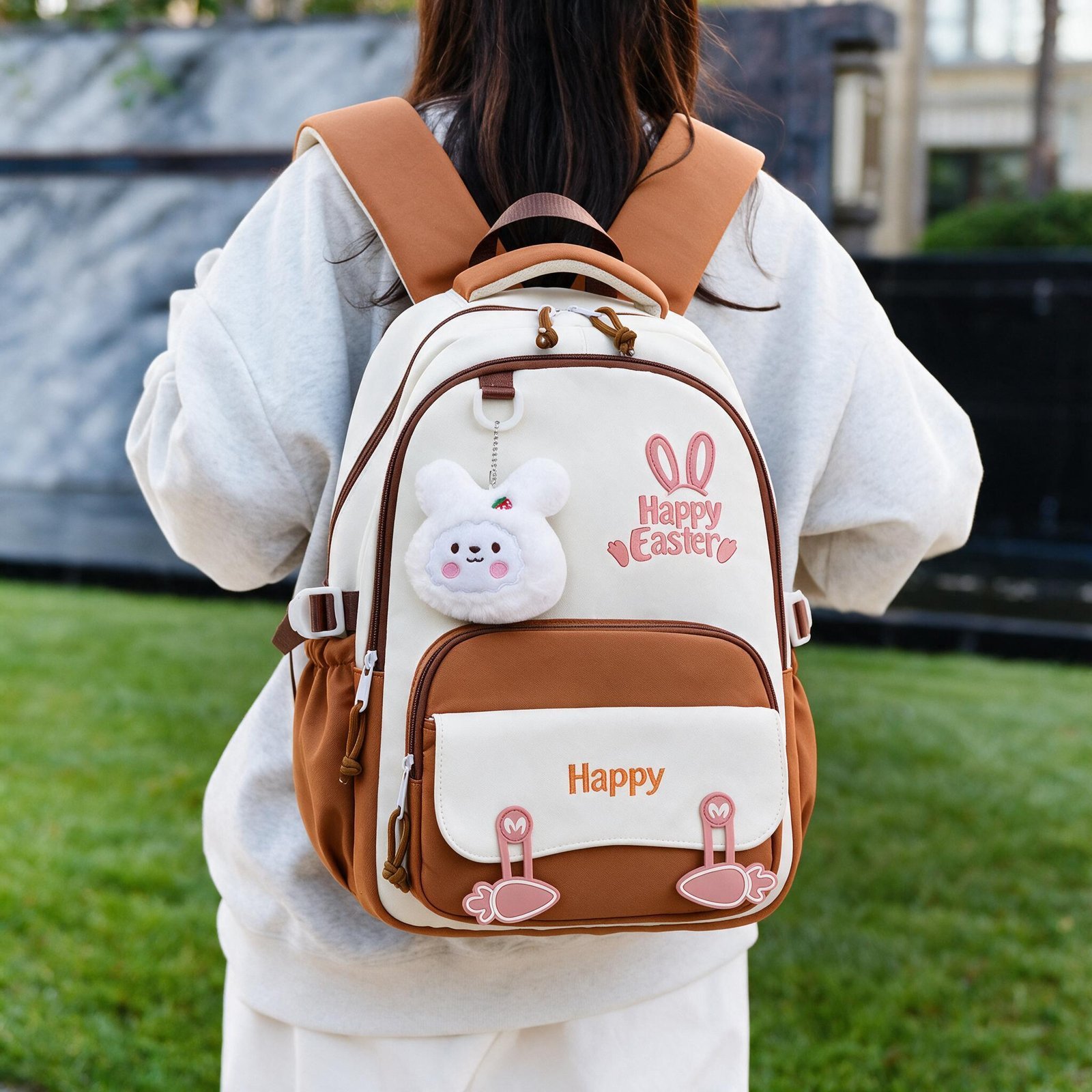 Sac à Dos Scolaire Motif Lapin Happy Easter Ergonomique Tissu Imperméable Orange SACKDS31ORG - حقيبة ظهر مدرسية وعصرية بتصميم الأرنب اللطيف - الصورة 3